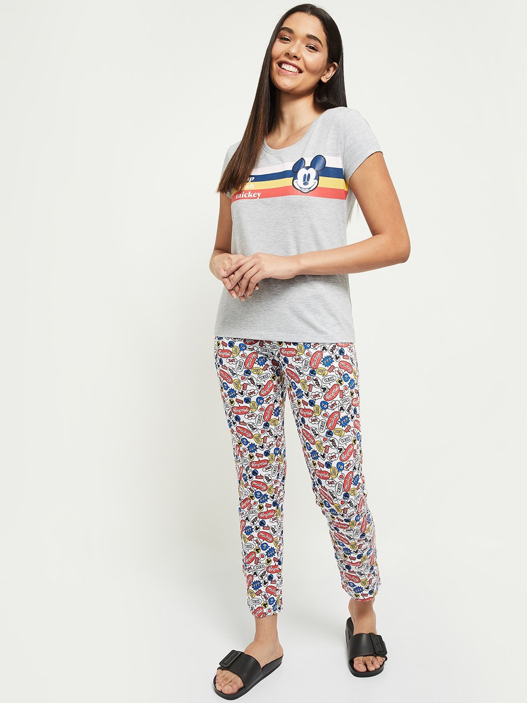 

max Women Grey Melange Mickey Mouse Character Printed Night Suit