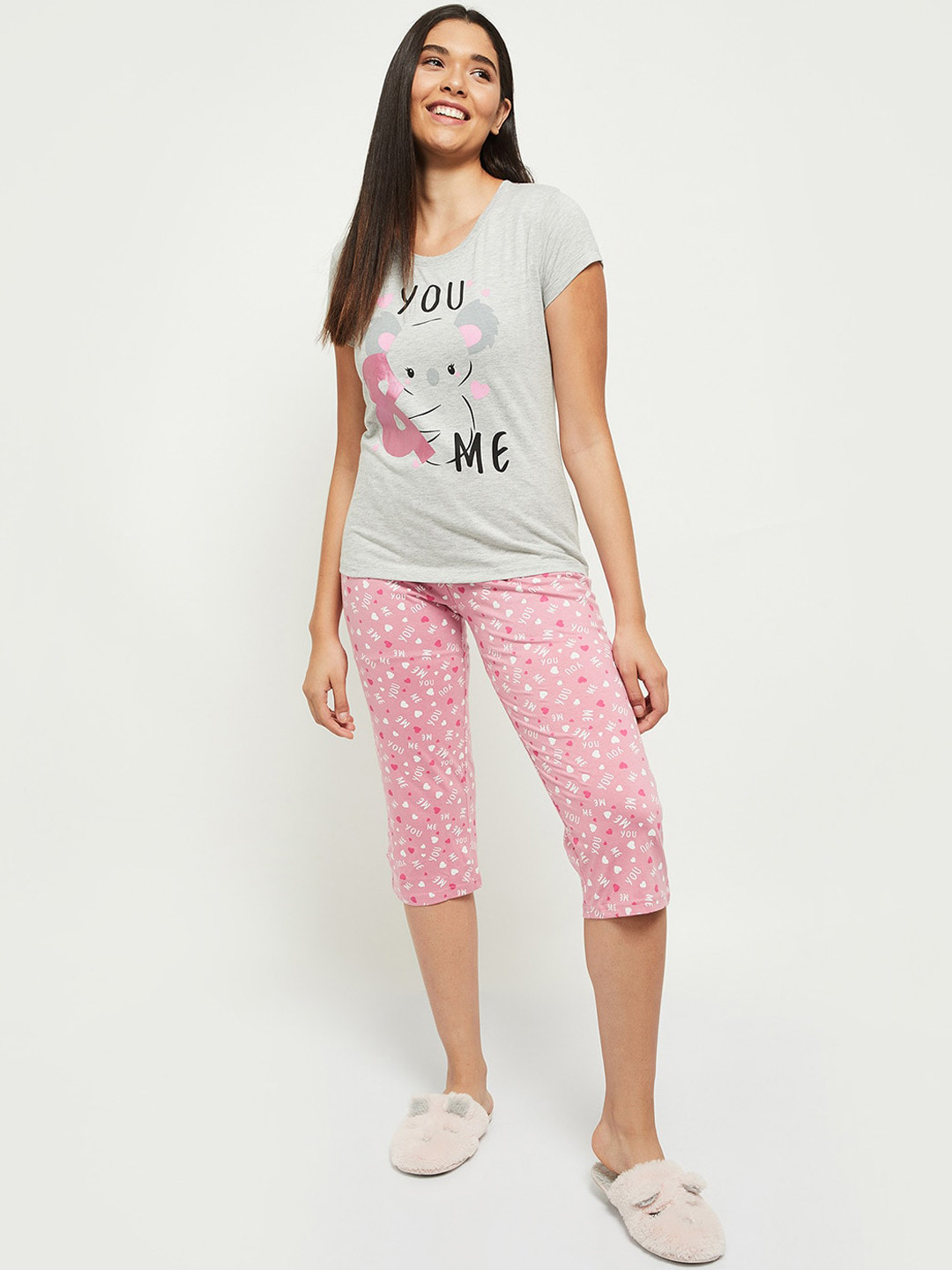 

max Women Grey Melange & Pink Printed Pure Cotton Night Suit