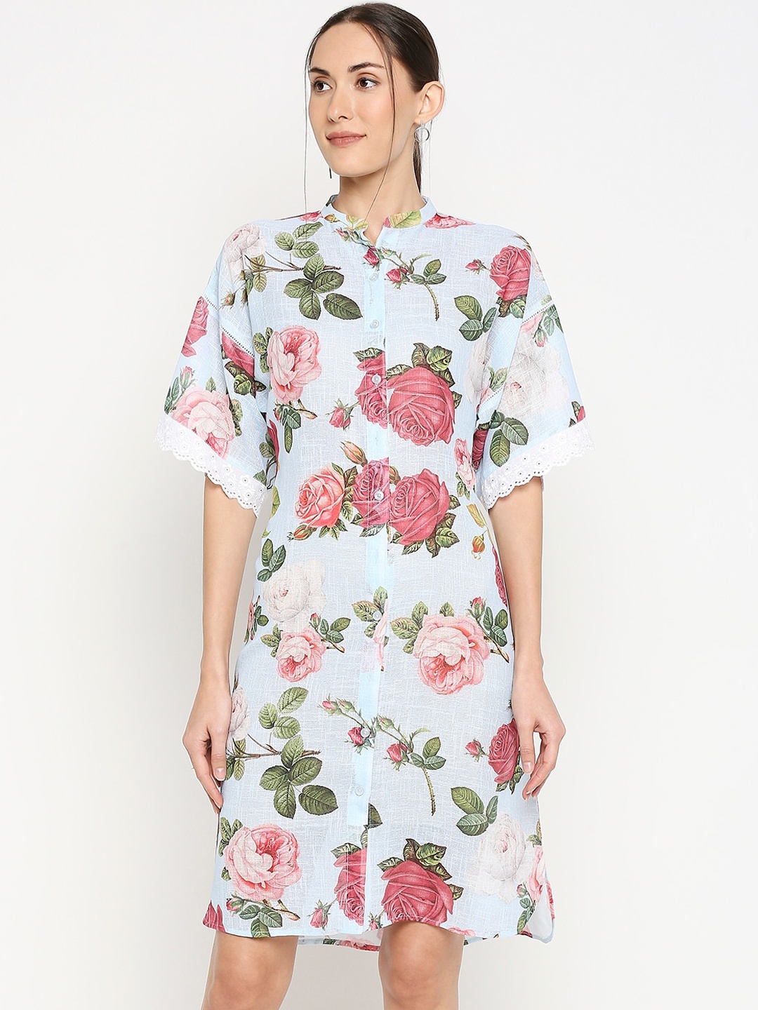 

Monk & Mei Blue & Pink Floral Print Pure Cotton Linen Kaftan Dress