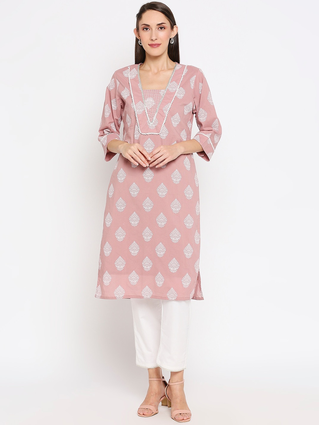 

Monk & Mei Women Peach-Coloured Embroidered Regular Pure Cotton Kurta with Trousers