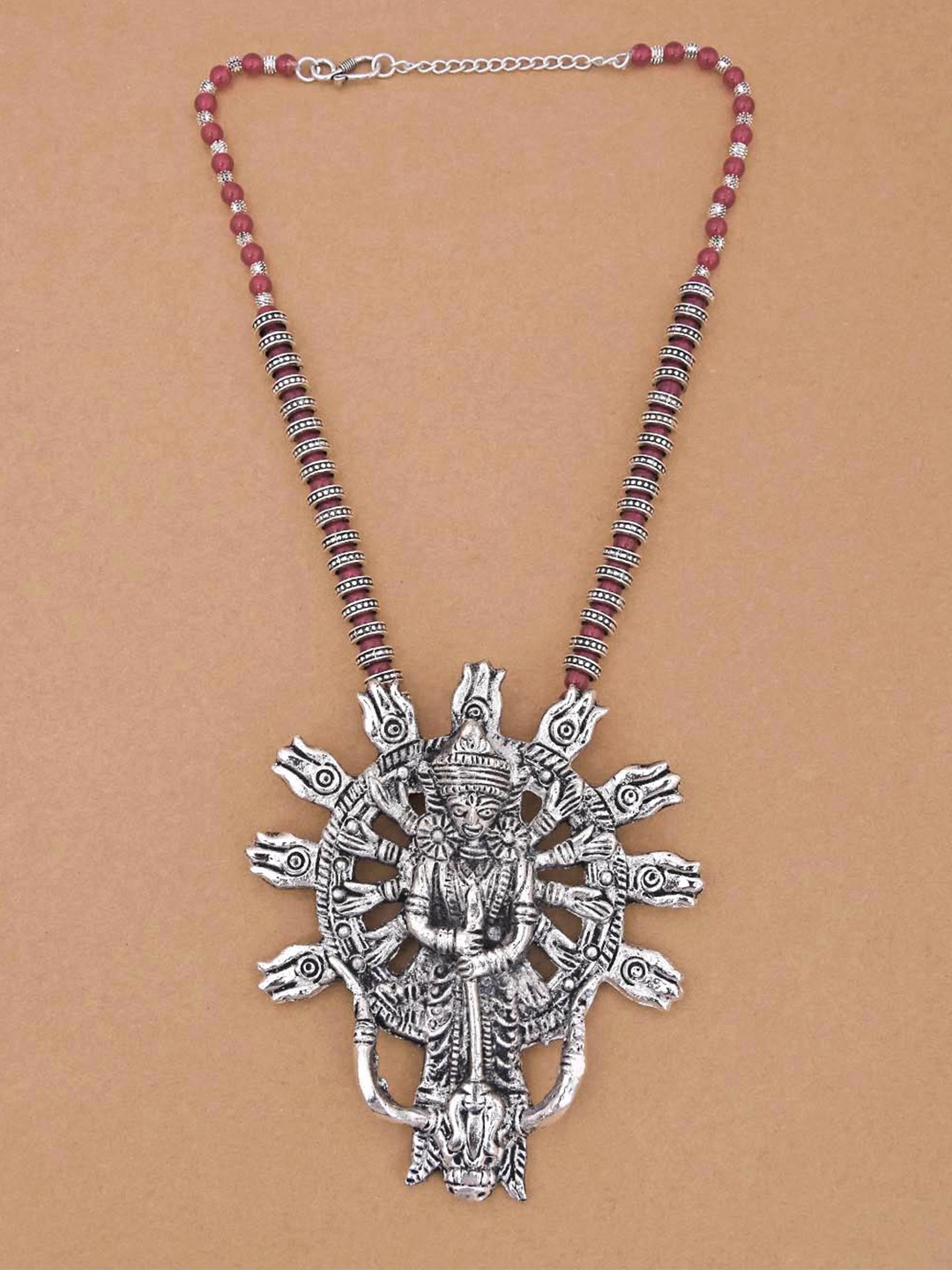 

Tistabene Red & Silver-Toned Silver-Plated Beaded Mahagauri Necklace