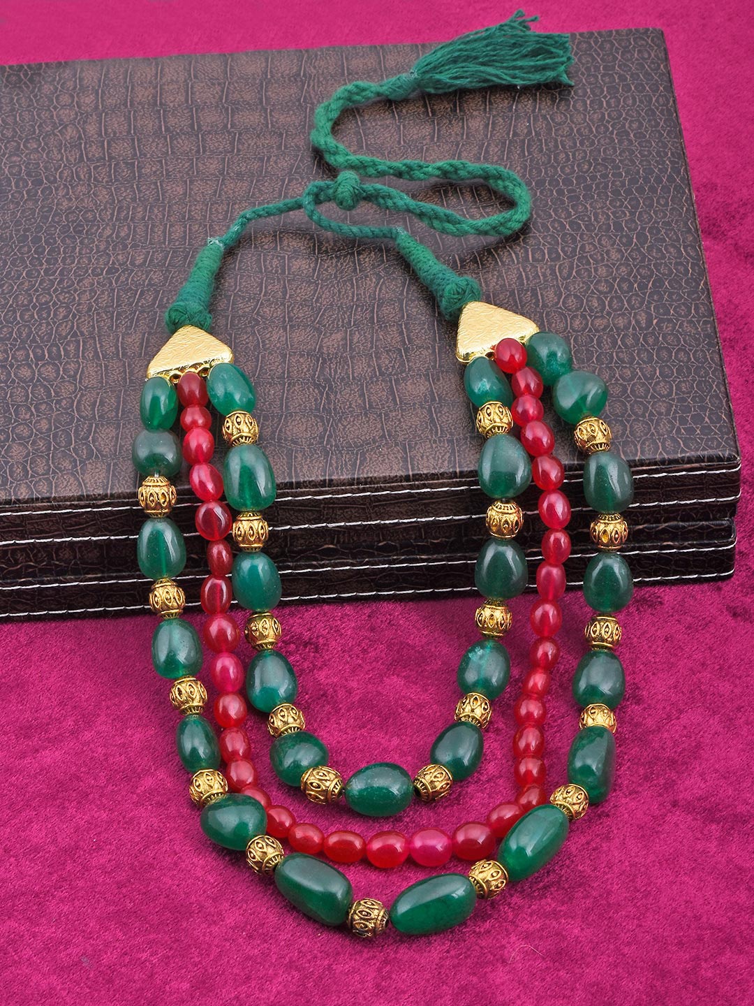 

Tistabene Women Green & Red Gold-Plated Panna Manak Hand Woven Layered Necklace