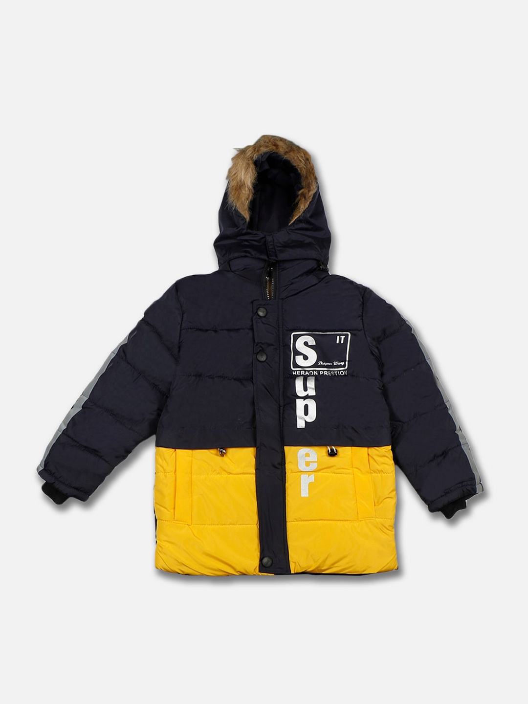 

PASSION PETALS Boys Yellow Navy Blue Colourblocked Lightweight Padded Jacket