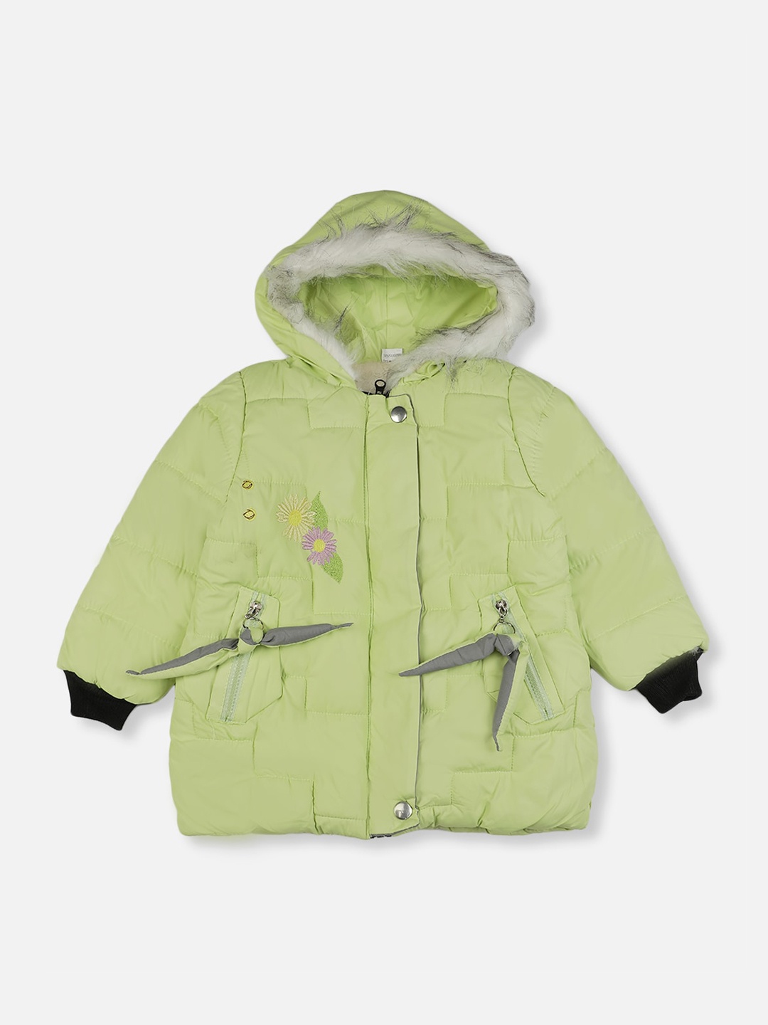 

PASSION PETALS Girls Green Floral Lightweight Puffer Jacket with Embroidered