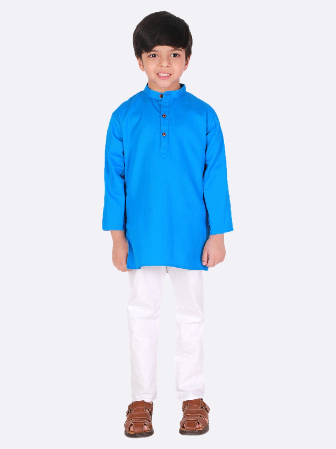 

Superminis Boys Turquoise Blue & White Solid Pure Cotton Kurta With Pyjamas