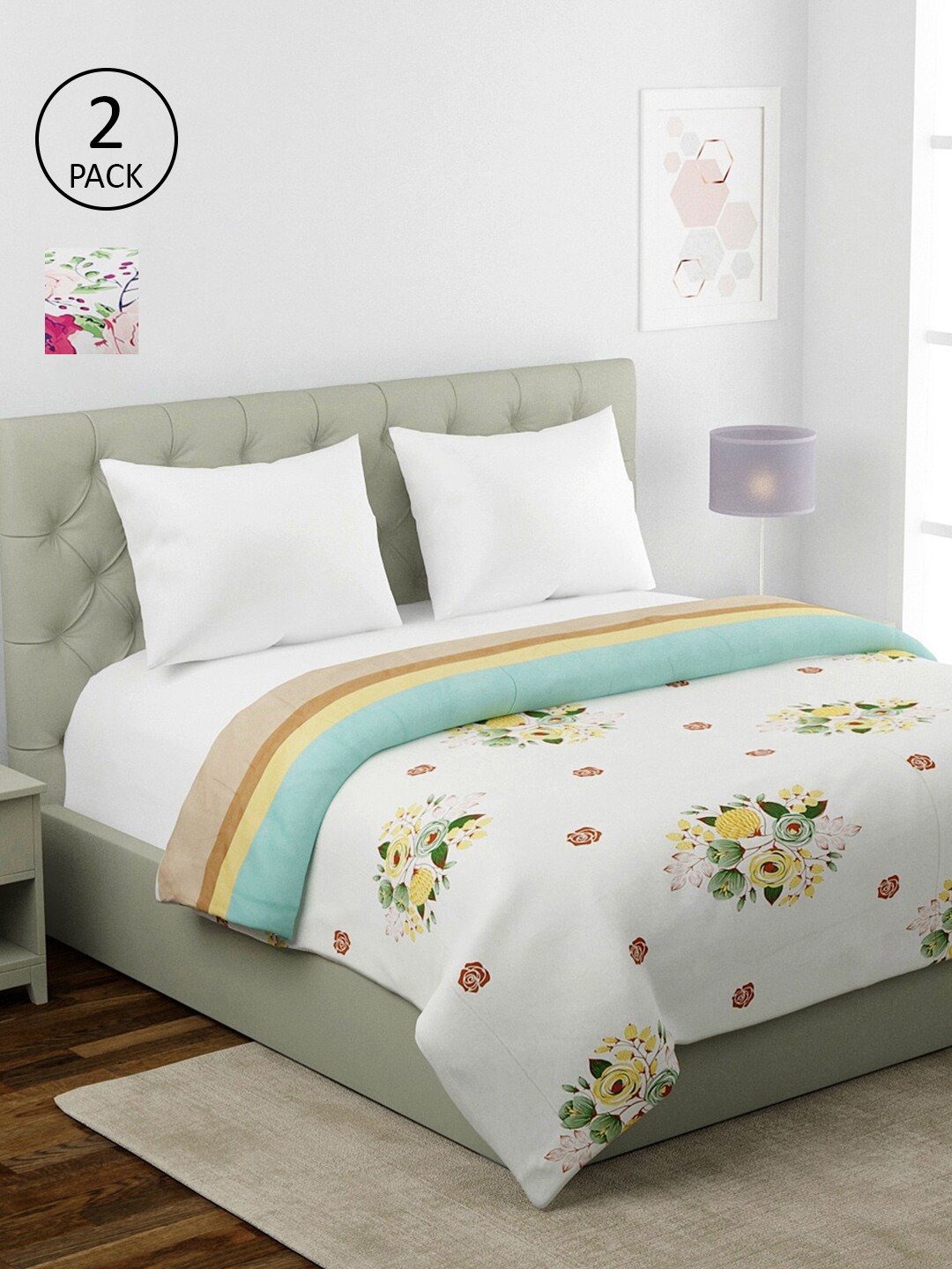 

KLOTTHE White & Green Set of 2 Floral AC Room 354 GSM Double Bed Comforter