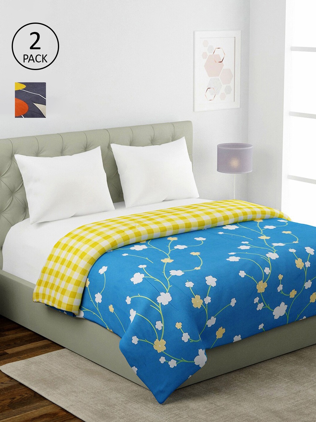 

KLOTTHE Blue & Yellow Set of 2 Floral AC Room 354 GSM Double Bed Comforters