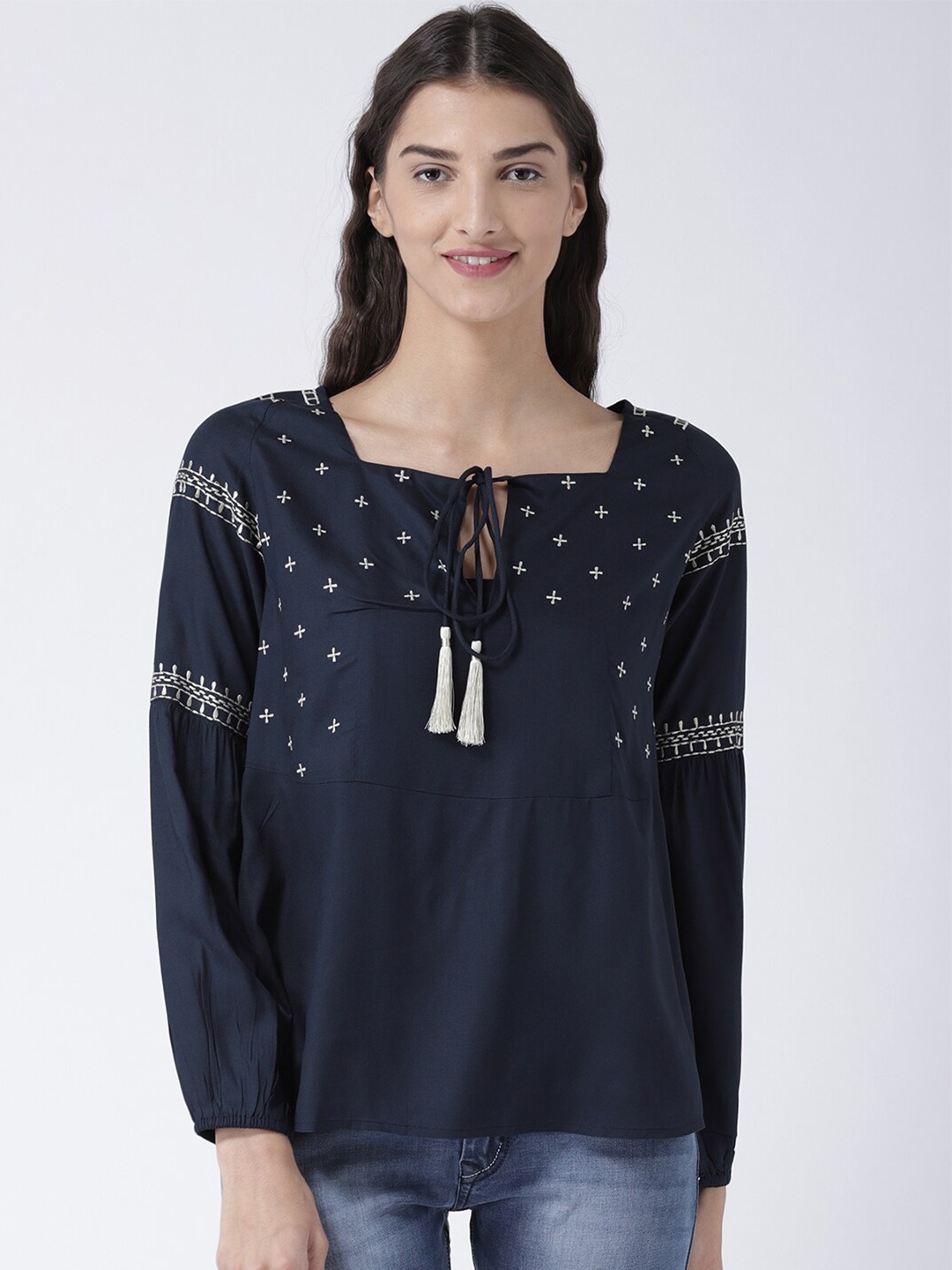 

Gipsy Women Navy Blue & White Embroidered Tie-Up Neck Regular Top