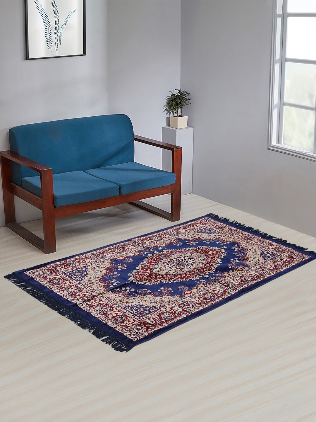 

KLOTTHE Navy Blue & Maroon Ethnic Motifs Handmade Cotton Traditional Carpet
