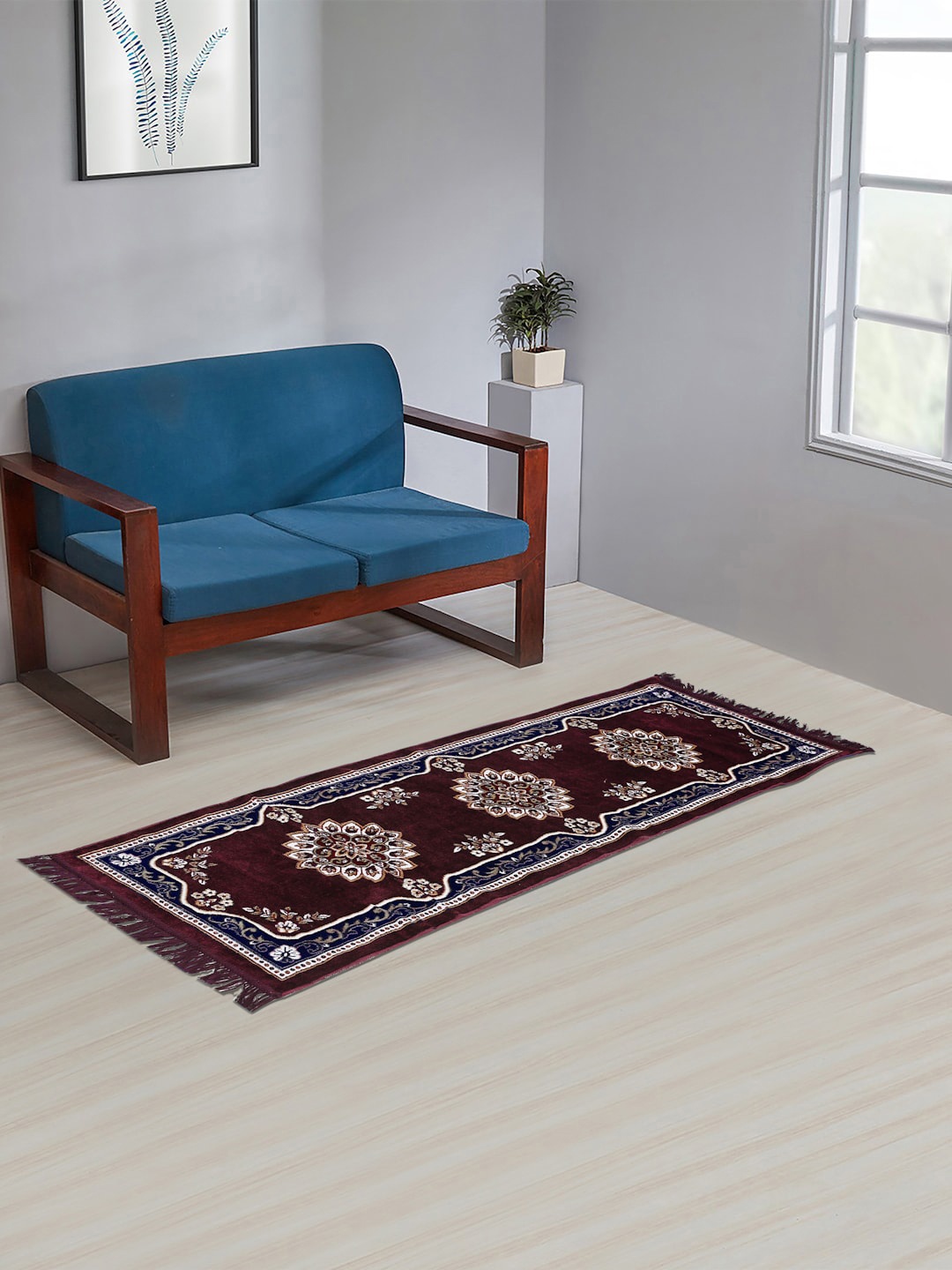 

KLOTTHE Maroon & Navy-Blue Floral Printed Handmade Cotton Traditional Carpet