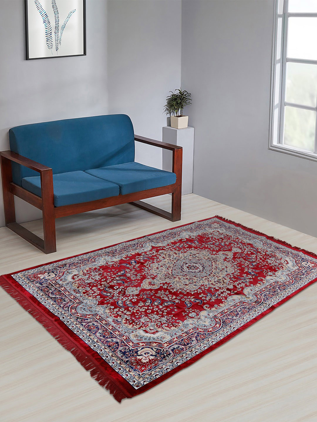 

KLOTTHE Maroon & Blue Floral Printed Handmade Cotton Traditional Carpet