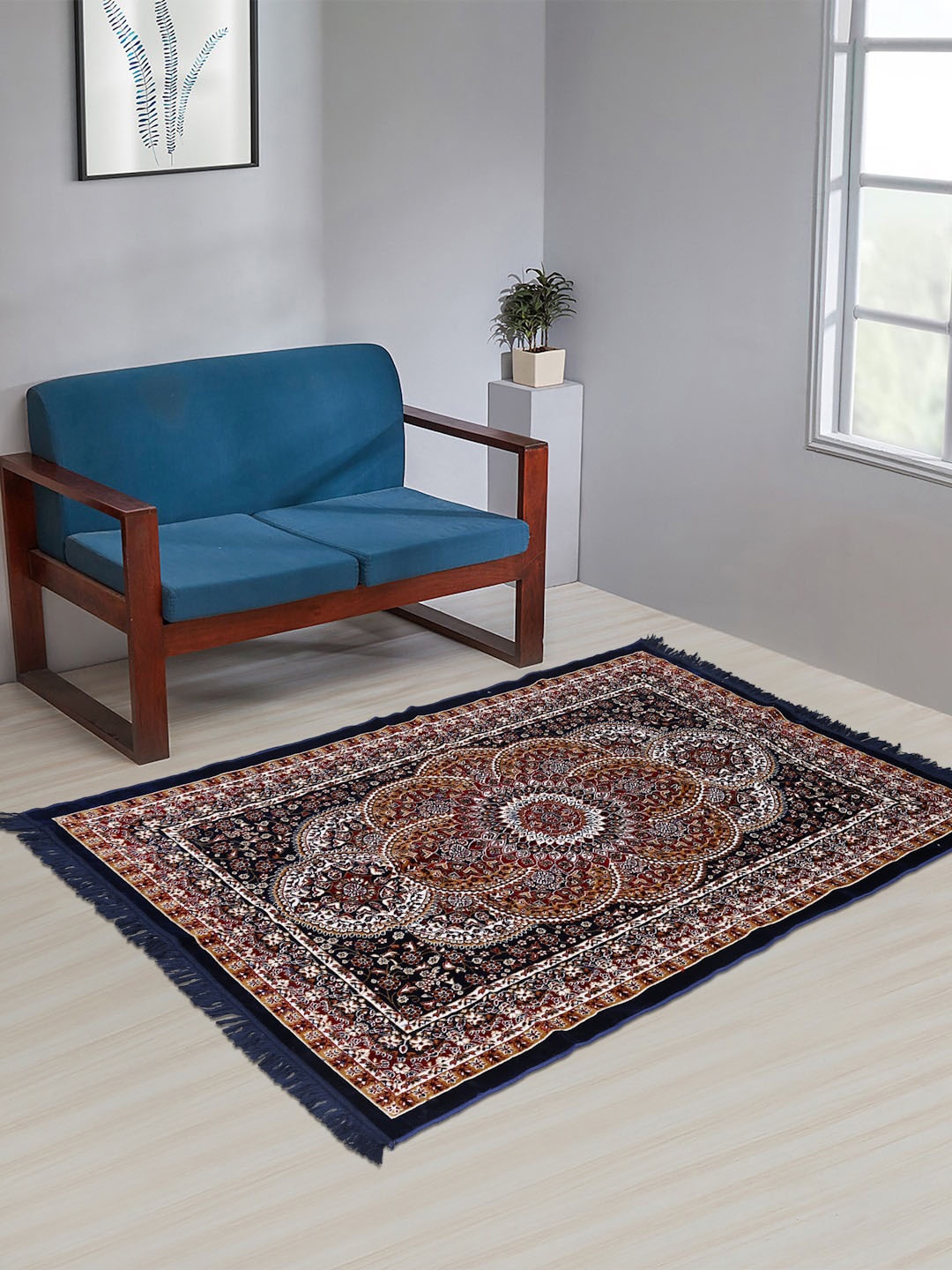 

KLOTTHE Blue Floral Patterned Handmade Carpet- 205X150 cm