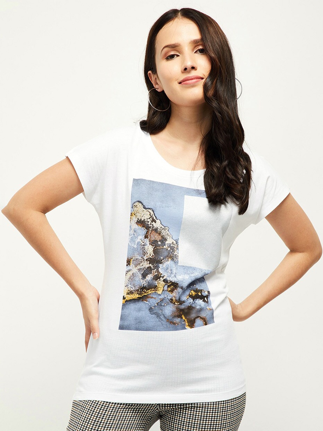 

max Women White Printed Extended Sleeves Pure Cotton T-shirt
