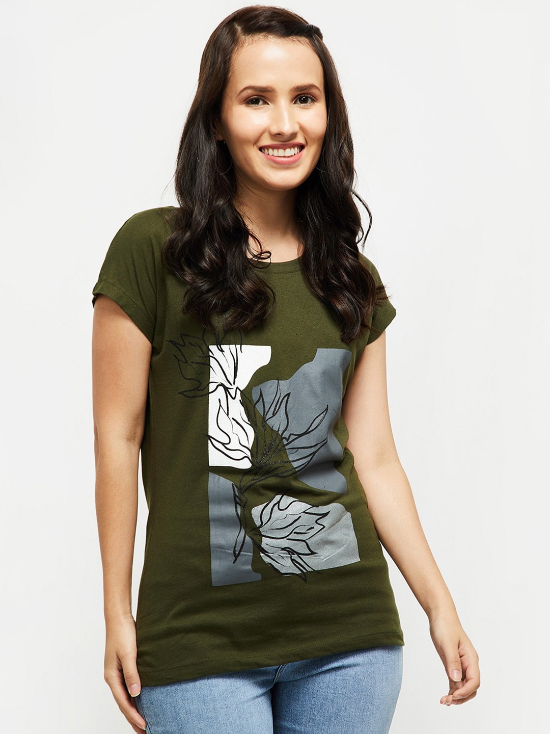 

max Women Olive Green Printed Extended Sleeves T-shirt