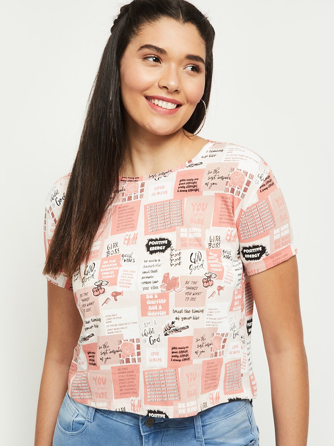 

max Women Pink & White Typography Printed Roll-Up Sleeves Applique T-shirt