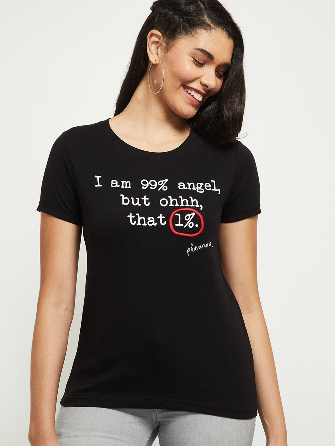 

max Women Black Typography Printed T-shirt