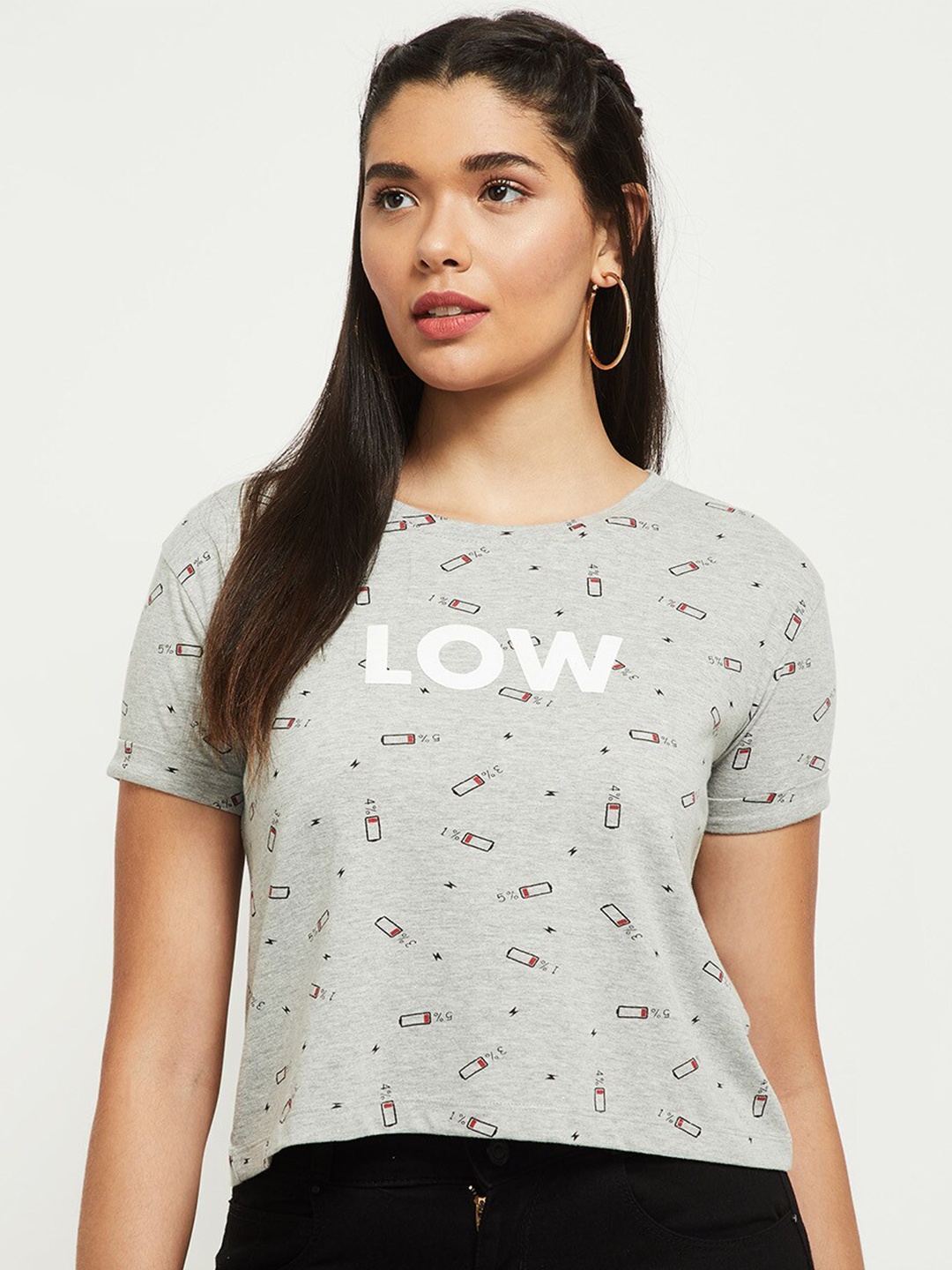 

max Women Grey Melange Printed Cotton T-shirt