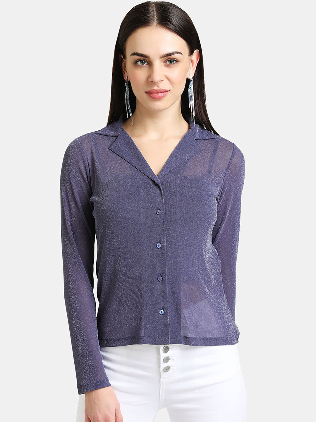 

Kazo Women Purple Notch Collar Printed Party Shirt