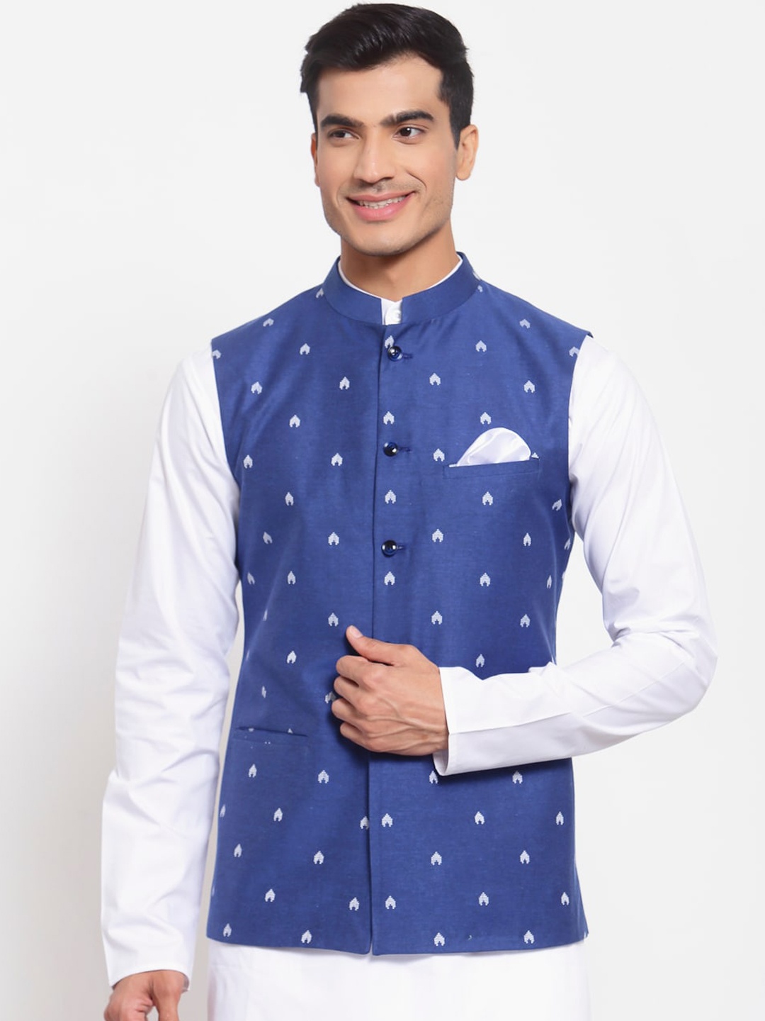 

MAXENCE Men Blue Woven Design Nehru Jacket