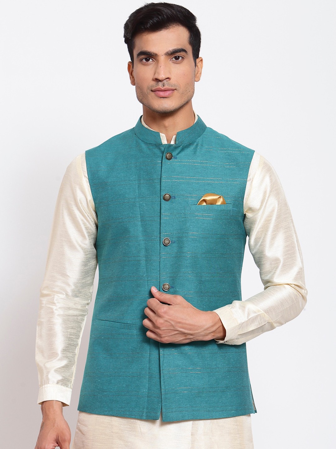

MAXENCE Men Blue Striped Cotton Woven-Design Nehru Jacket
