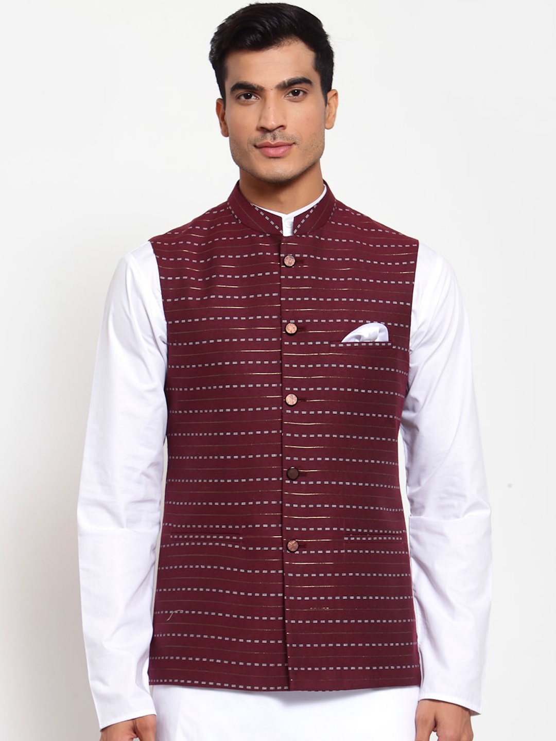 

MAXENCE Men Maroon & White Striped Woven Nehru Jacket