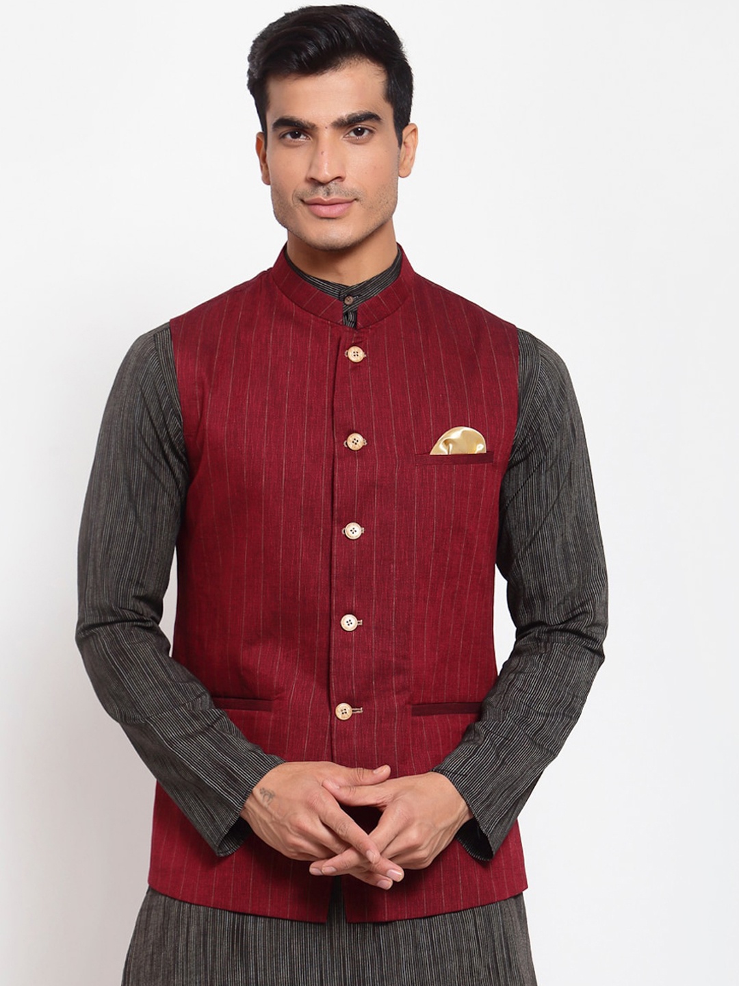 

MAXENCE Men Maroon Striped Woven Nehru Jacket