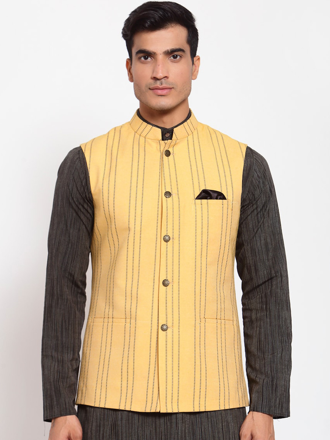 

MAXENCE Men Yellow & Black Striped Woven Nehru Jacket