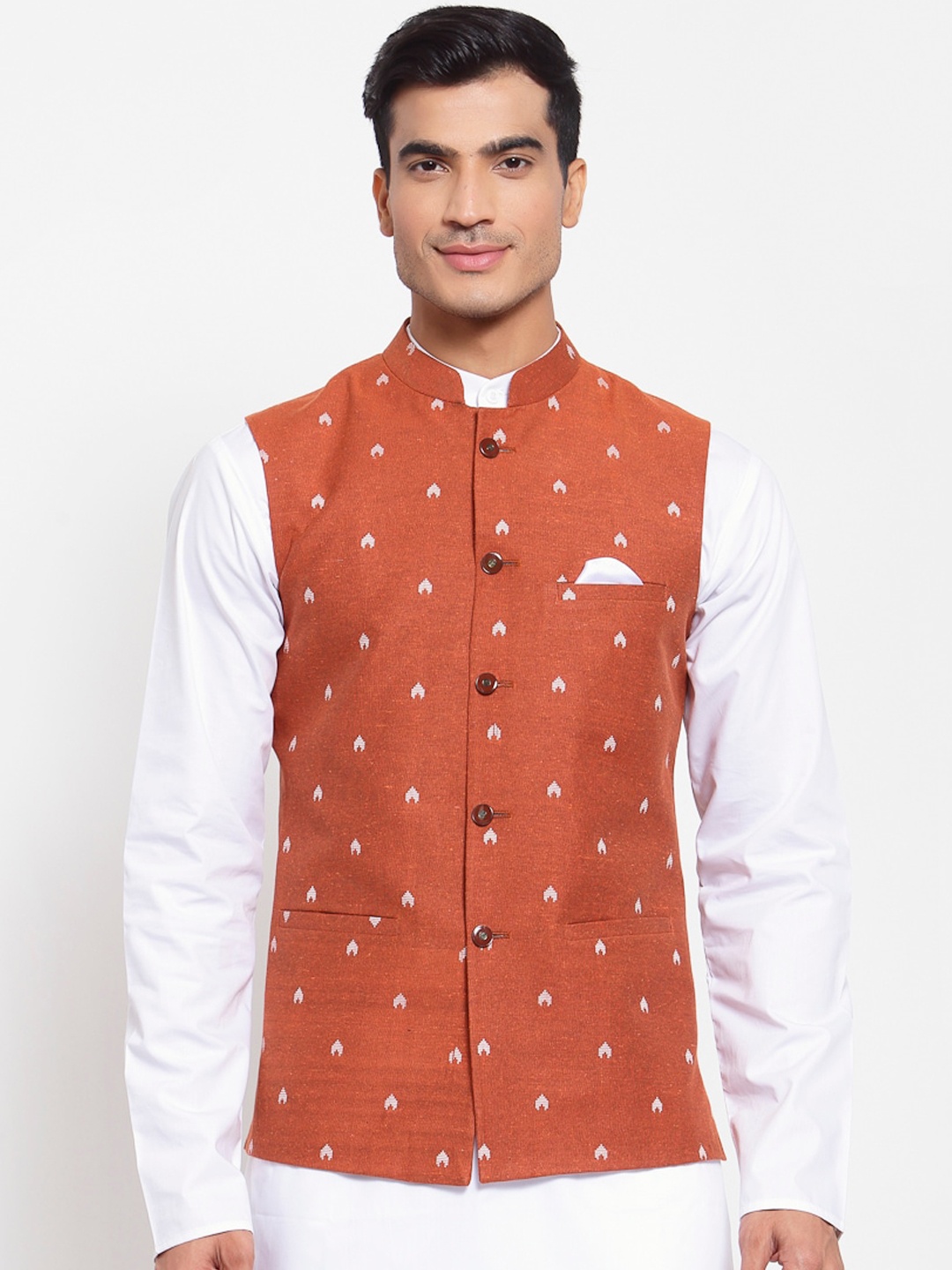 

MAXENCE Men Rust-Orange & White Woven Design Nehru Jacket