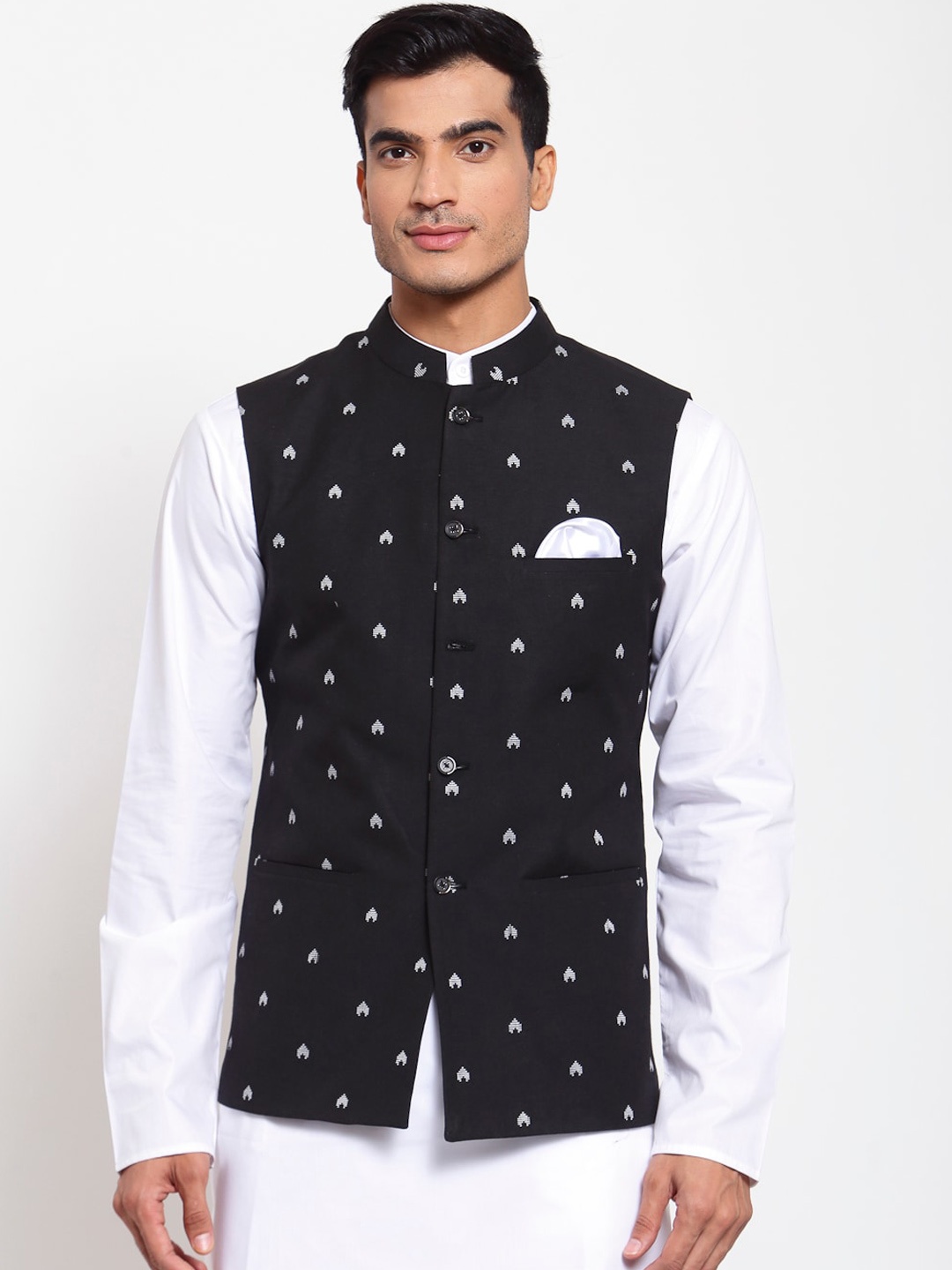 

MAXENCE Men Black & White Printed Woven Nehru Jacket