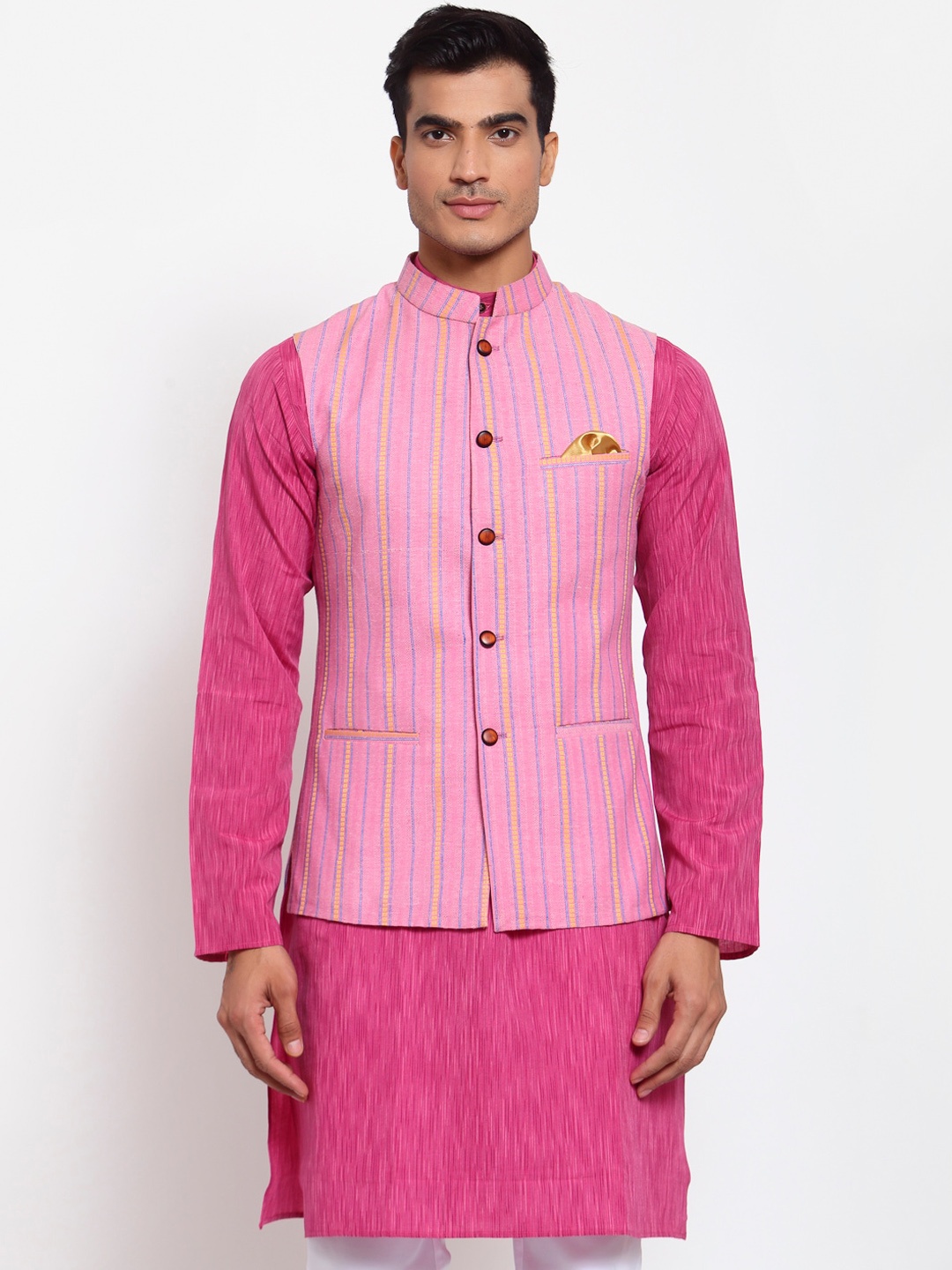 

MAXENCE Men Pink & Yellow Striped Self-Design Cotton Woven Nehru Jacket