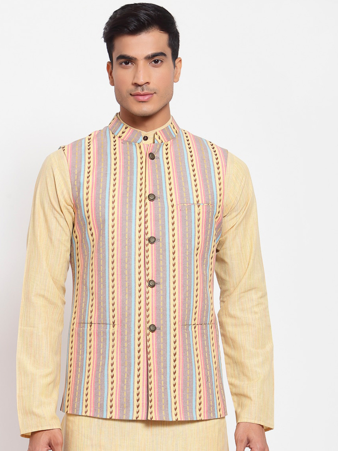

MAXENCE Men Pink & Yellow Striped Woven Nehru Jacket