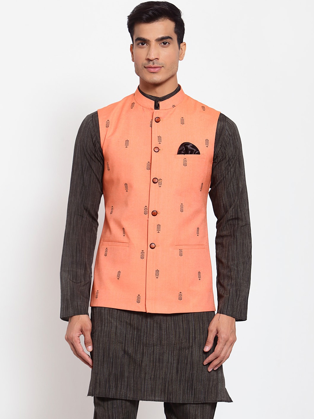 

MAXENCE Men Peach-Coloured & Black Printed Cotton Woven Nehru Jacket