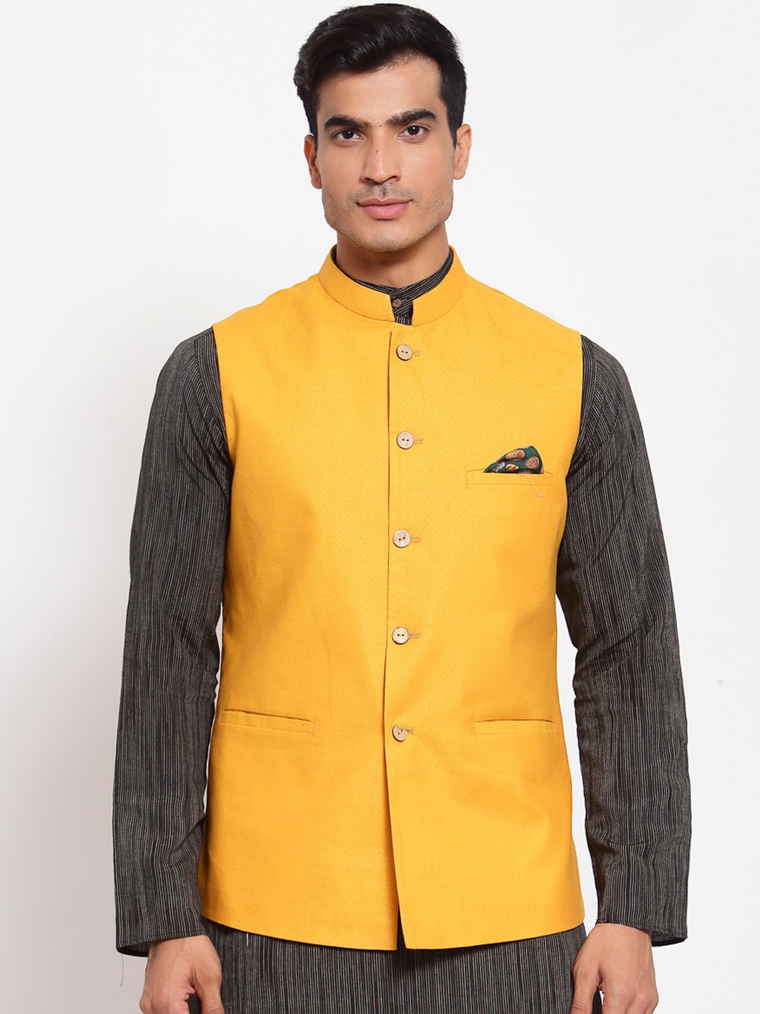 

MAXENCE Men Yellow Woven Design Nehru Jacket