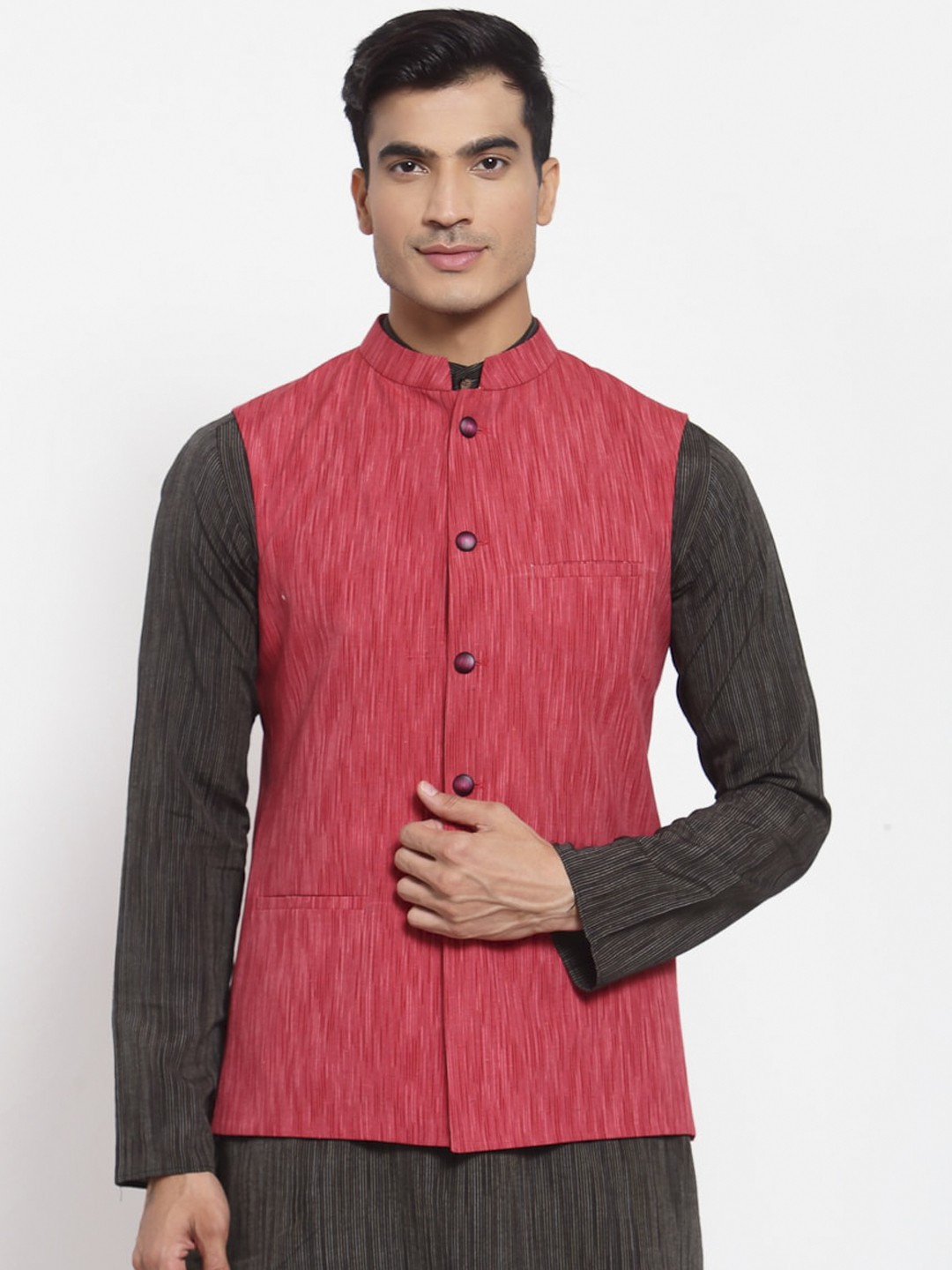 

MAXENCE Men Pink Woven-Design Woven Nehru Jacket