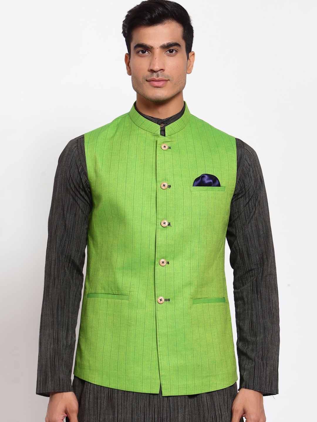 

MAXENCE Men Green Striped Cotton Nehru Jacket