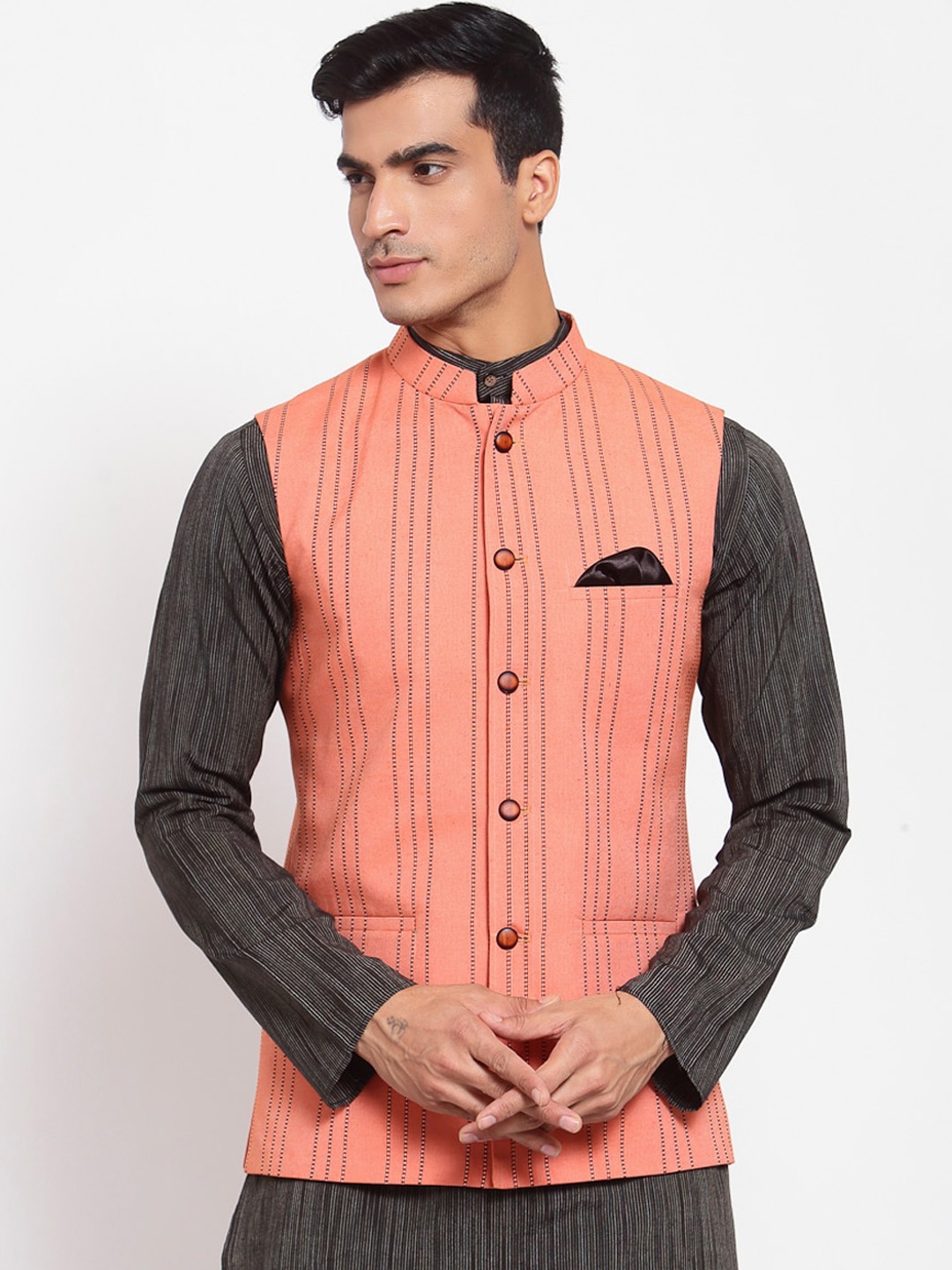 

MAXENCE Men Peach & Black Striped Woven Nehru Jacket