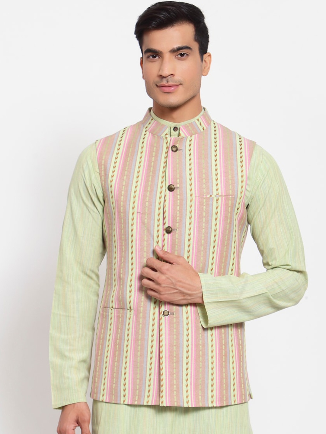 

Maxence Men Peach Striped Nehru Jacket