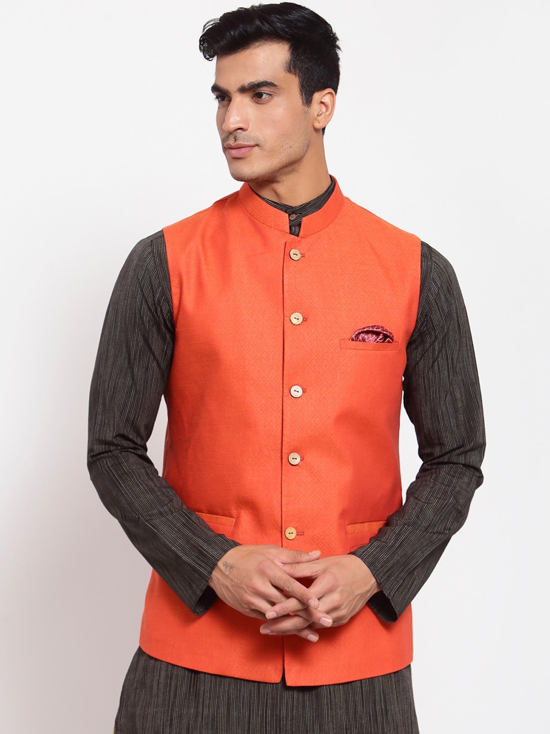 

MAXENCE Men Orange Woven Design Woven Nehru Jacket