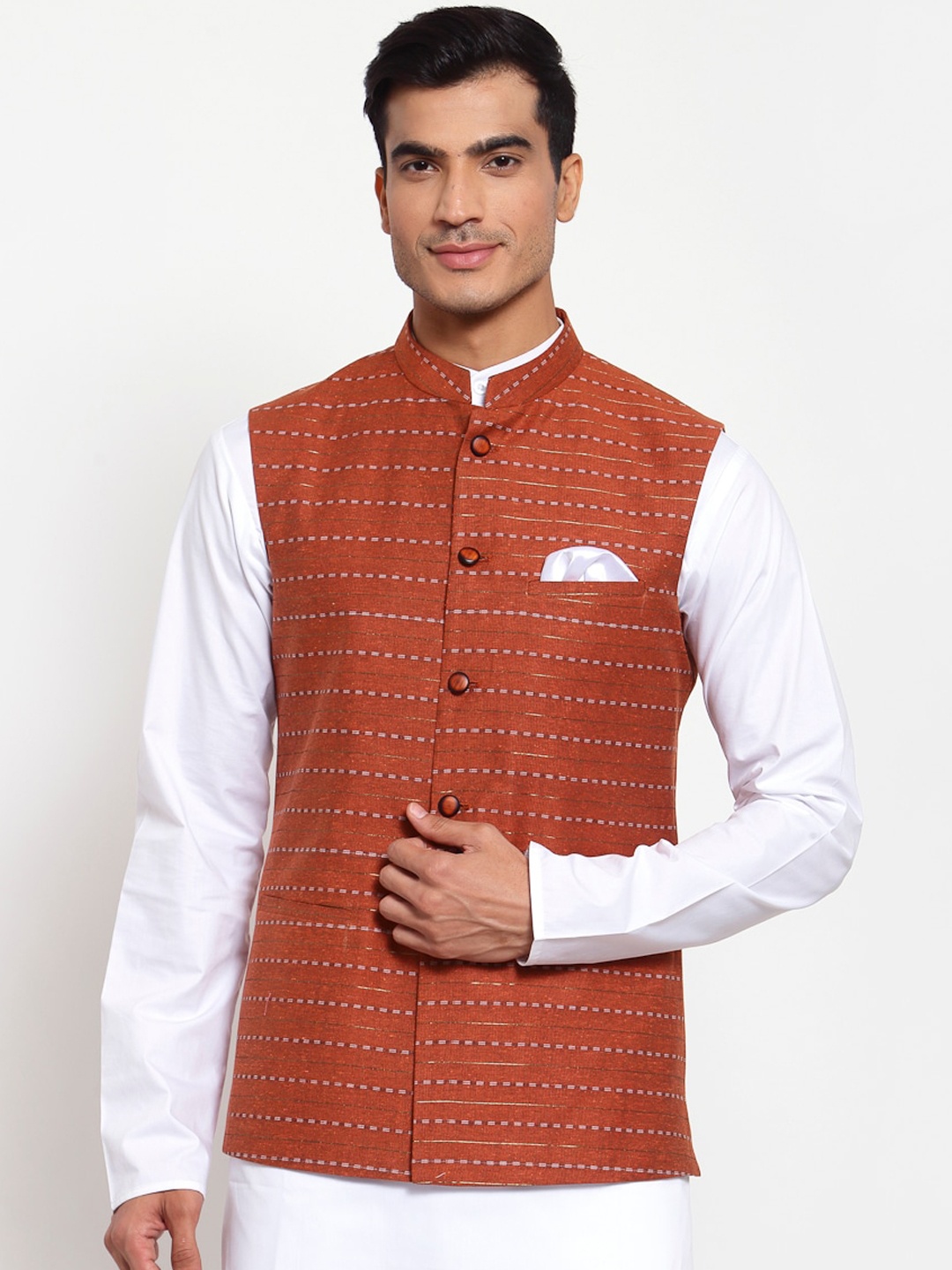 

MAXENCE Men Rust-Orange & White Striped Cotton Woven Nehru Jacket