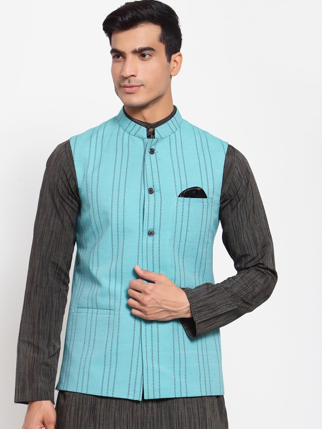 

MAXENCE Men Blue Striped Cotton Woven Nehru Jacket