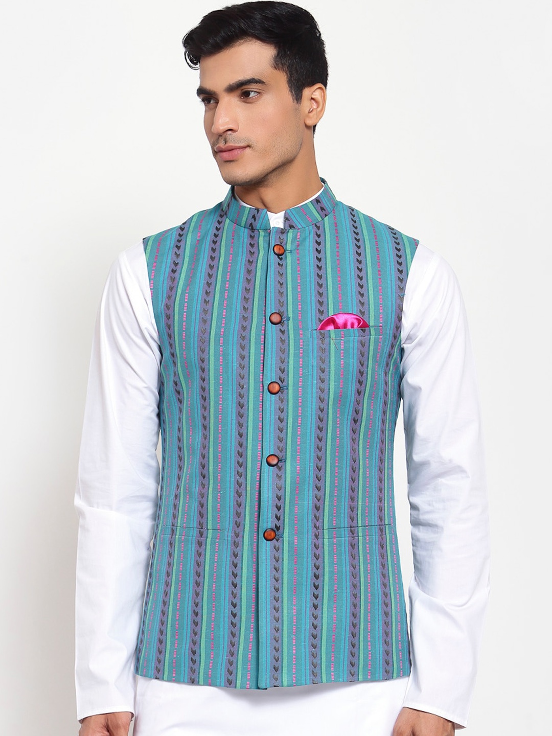 

MAXENCE Men Blue & Green Striped Woven Cotton Nehru Jacket