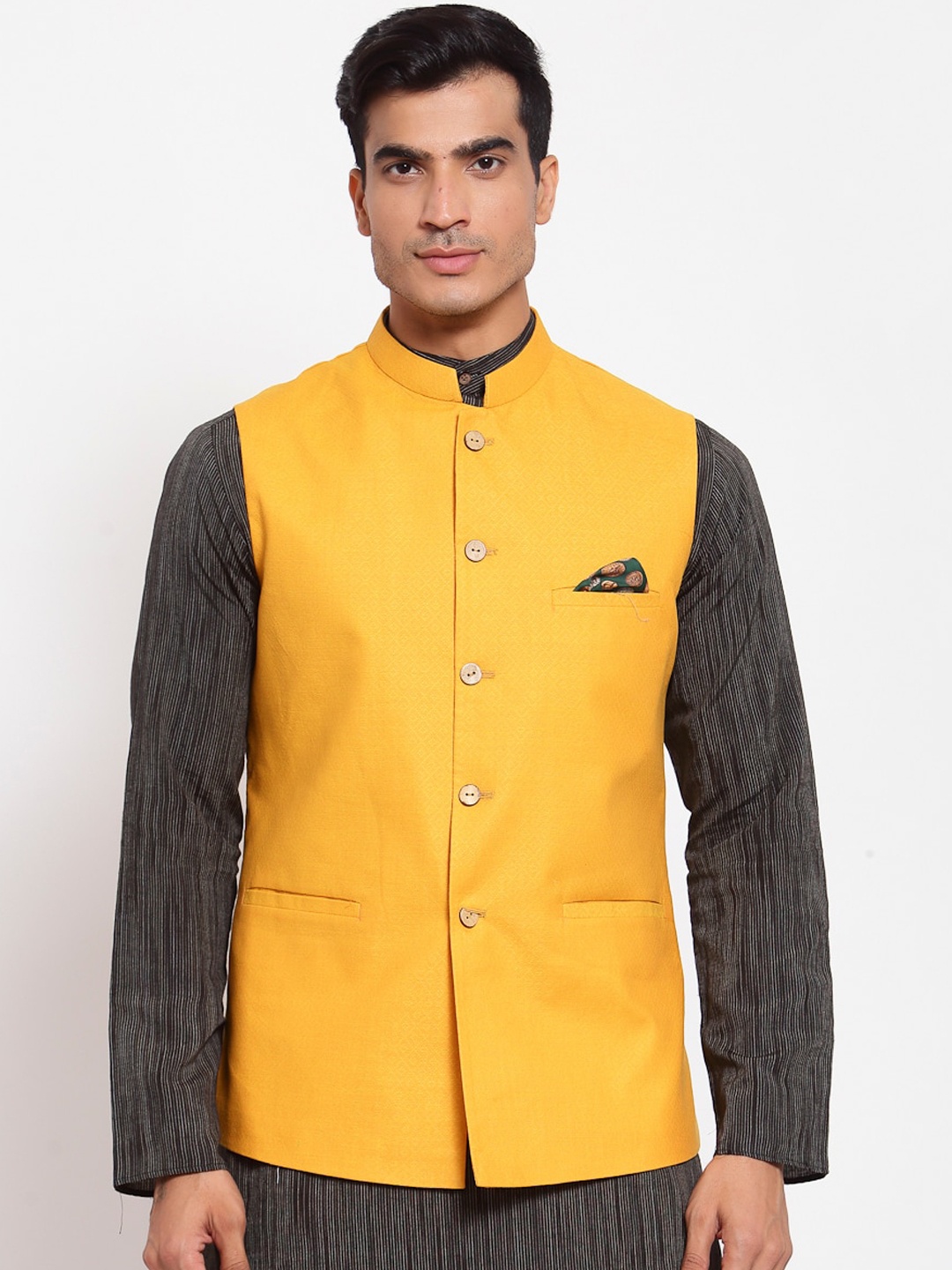 

Maxence Men Mustard Yellow Solid Bandhgala Nehru Jacket