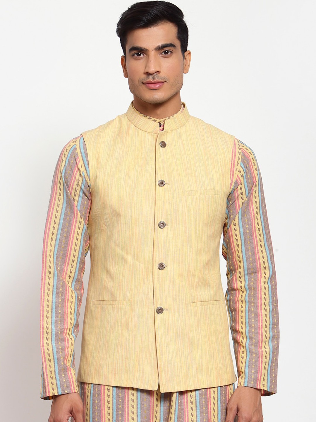 

MAXENCE Men Yellow Striped Nehru Jacket