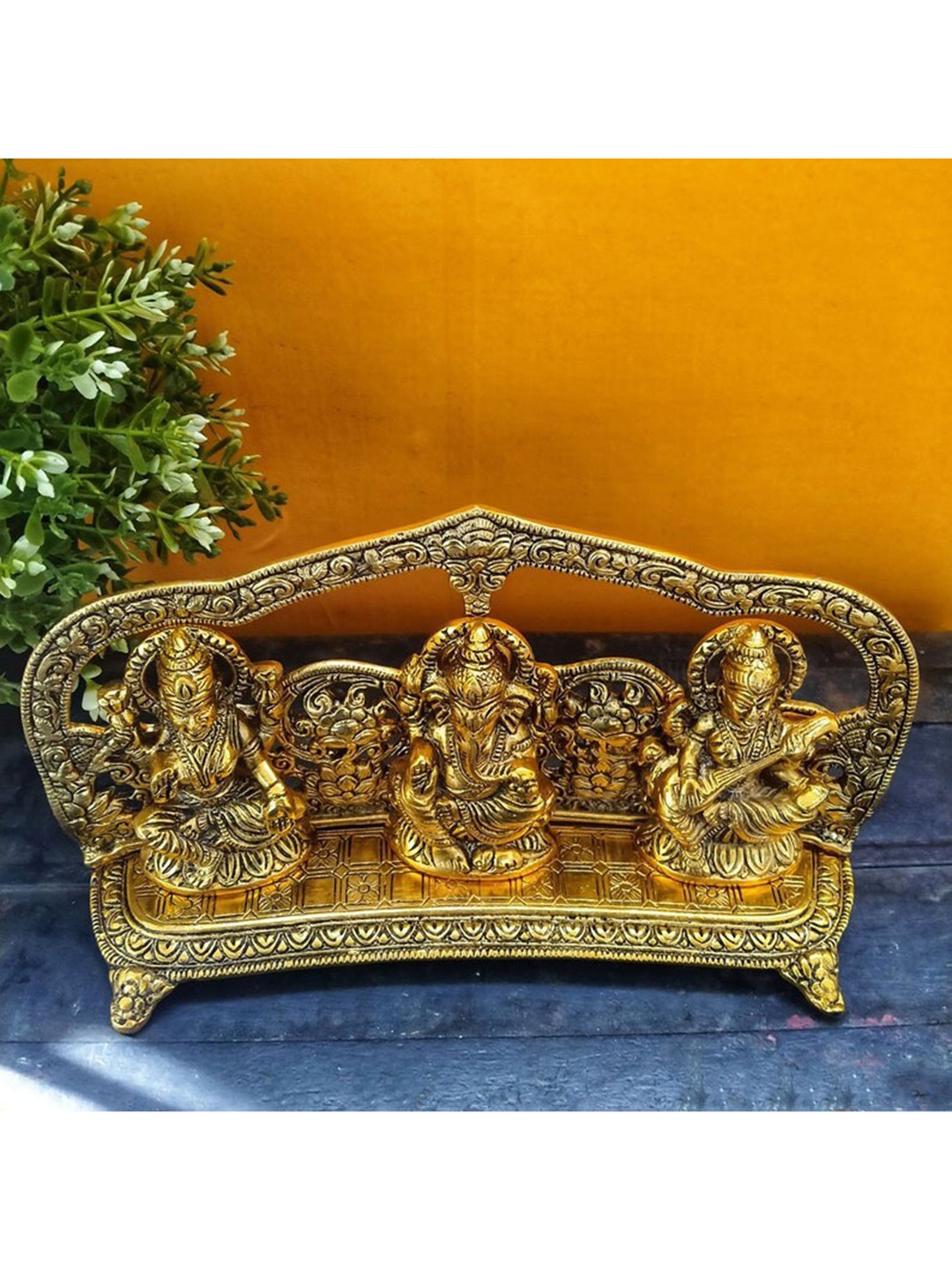 

WENS Laxmi Ganesh Saraswati Idol Diya Set, Gold