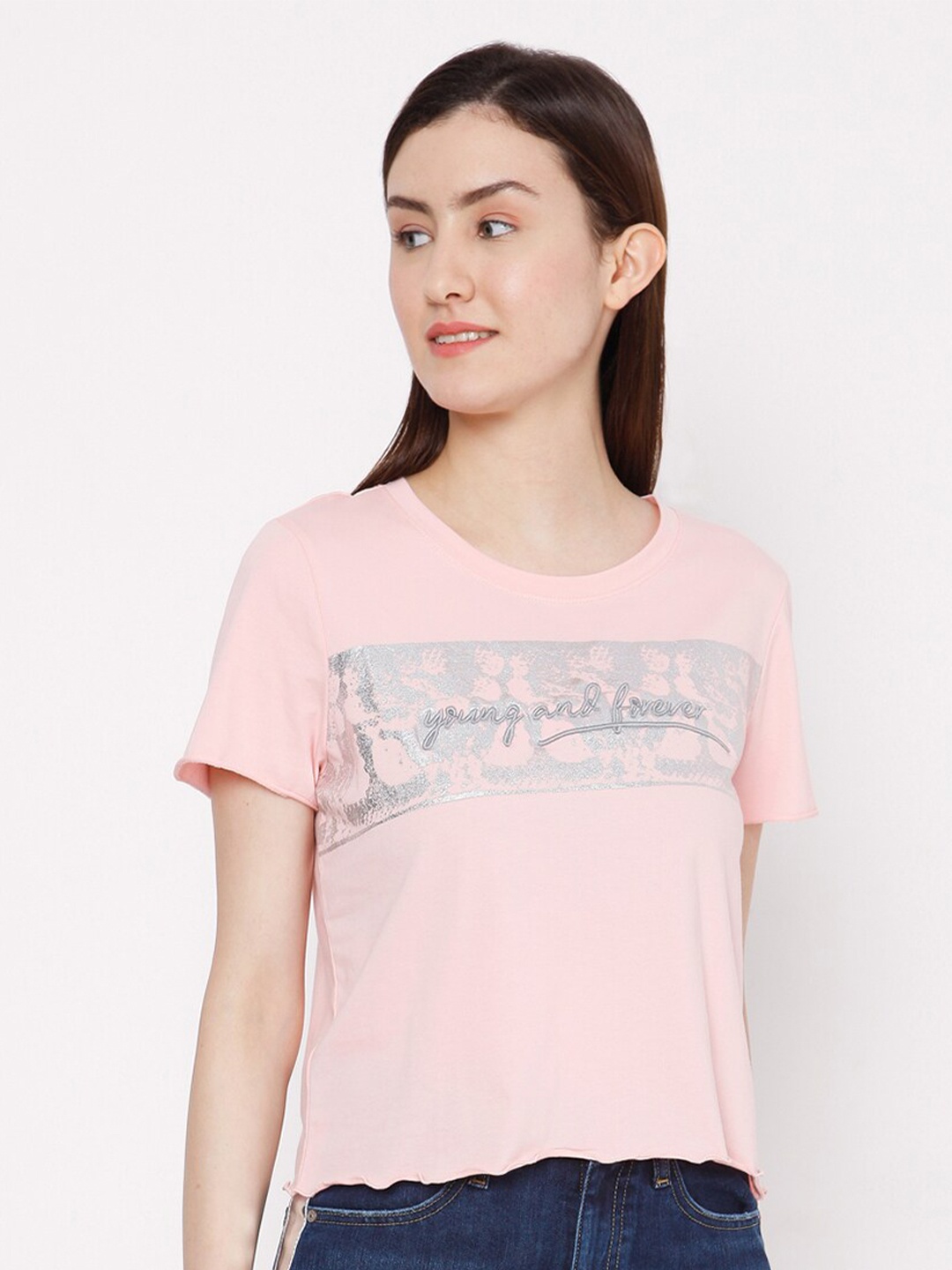 

SPYKAR Women Pink Cotton Printed T-shirt