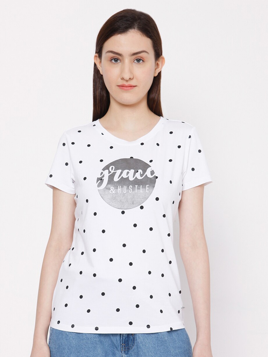 

SPYKAR Women White Printed Pure Cotton T-shirt