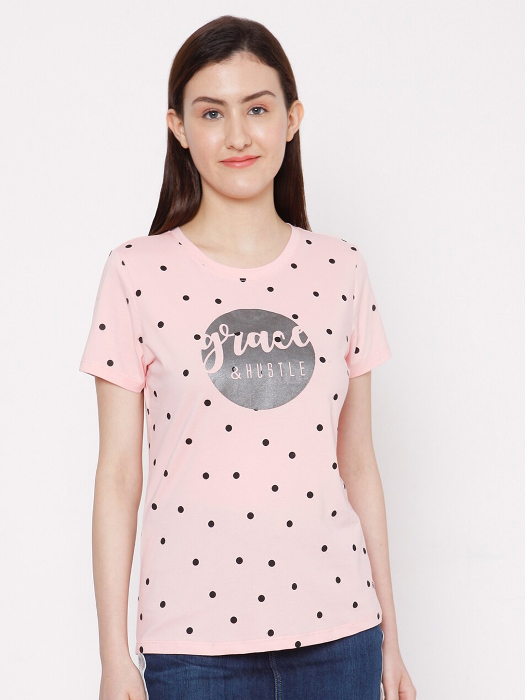 

SPYKAR Women Pink Printed Pure Cotton T-shirt