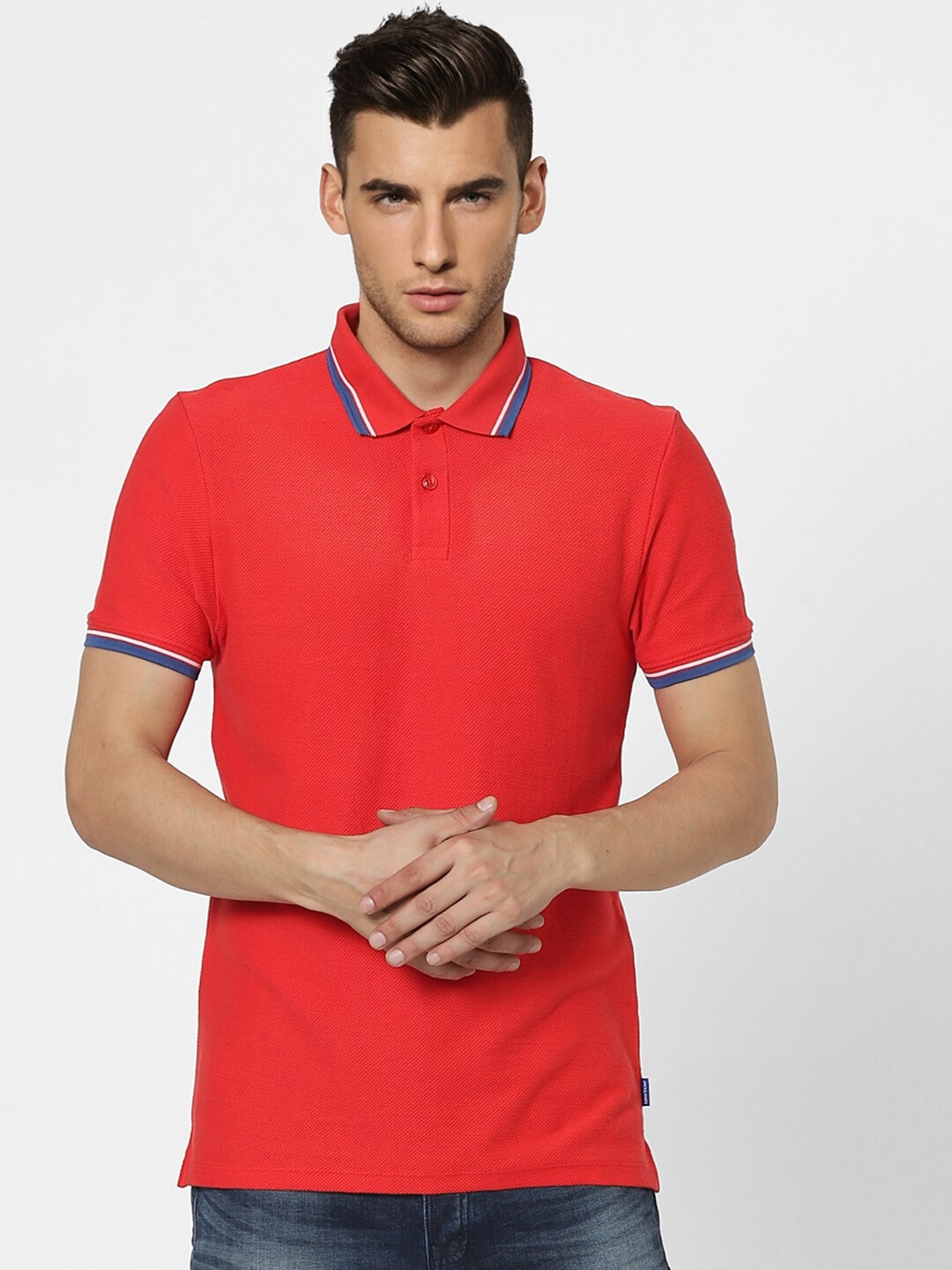 

Jack & Jones Men Red & Blue Solid Polo Collar Slim Fit T-shirt