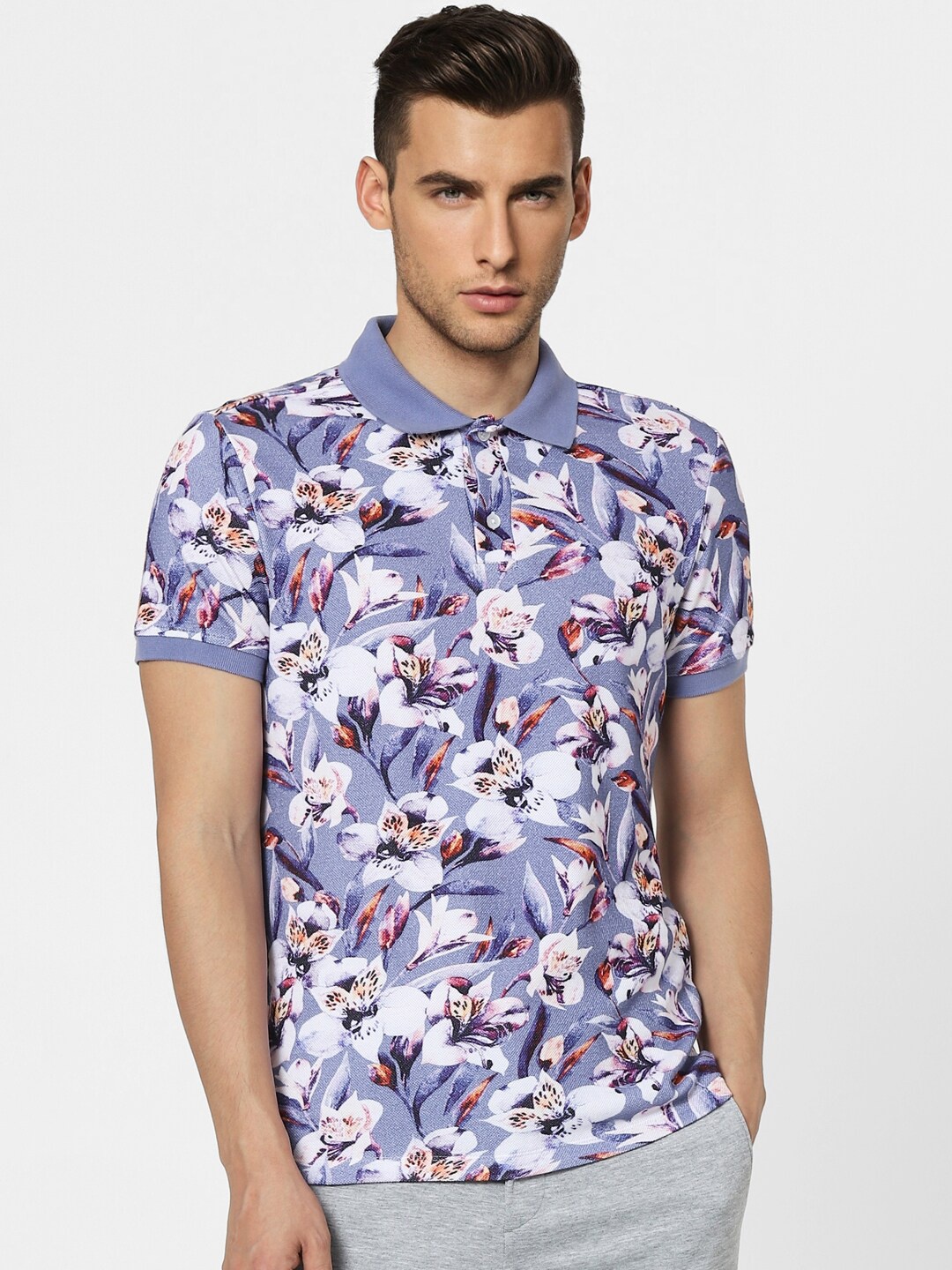 

Jack & Jones Men Purple Floral Printed Polo Collar Tropical Slim Fit T-shirt