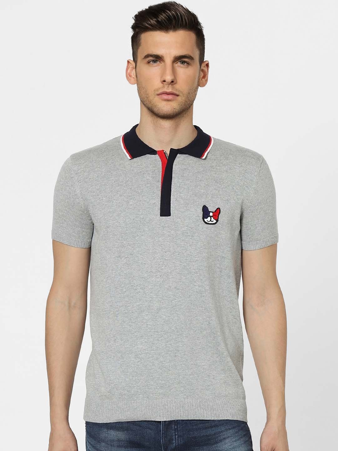 

Jack & Jones Men Grey cotton Polo Collar Slim Fit T-shirt
